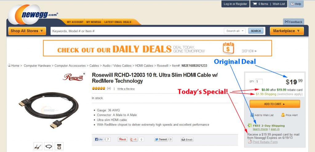 NewEgg's detail page on free HDMI cable