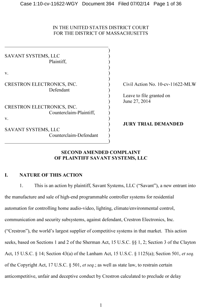 Title page of Savant Crestron lawsuit