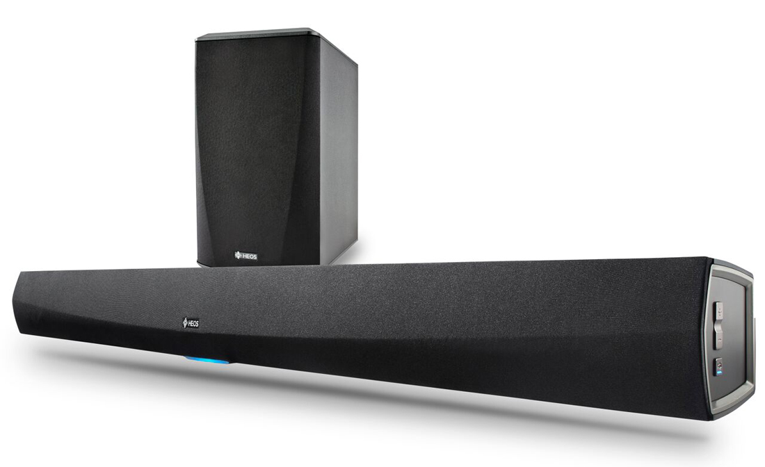 Photo of HEOS wireless soundbar and subwoofer system