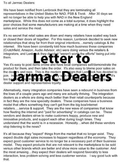 Letter to Jarmac Dealers