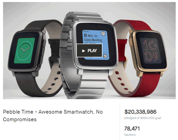 Photo of a highly successful Kickstarter project, the Pebble Time Smartwatch