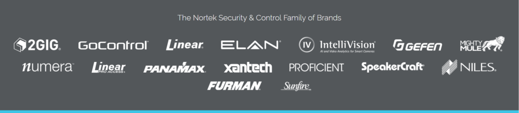 A graphic showing the brands marketing by Nortek Security and Control