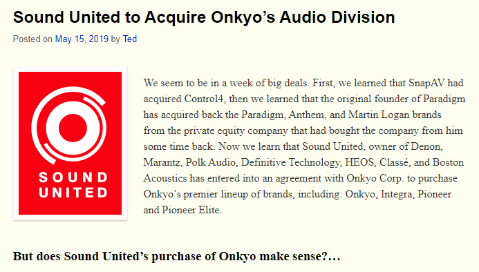 Top ten Strata-gee stories of 2019 - Sound United to Acquire Onkyo's Audio Division