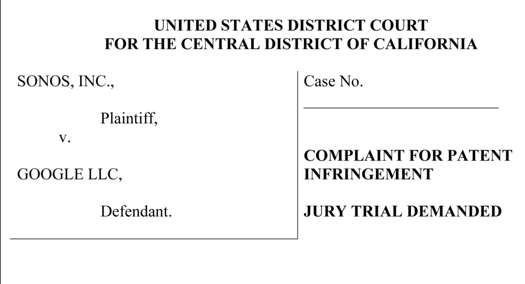 Header of Sonos vs. Google lawsuit filing