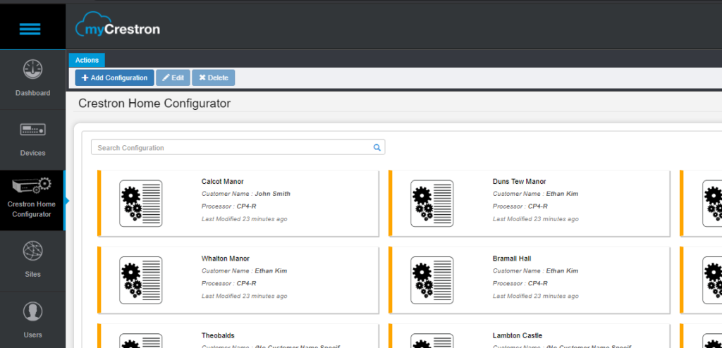 Screen shot of Crestron Home Configurator