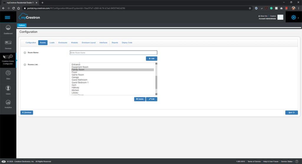 Another screen shot from the Crestron Home Configurator showing Room setup