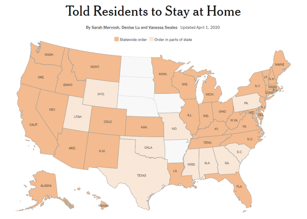 Graphic showing states with full or partial Stay-at-Home orders