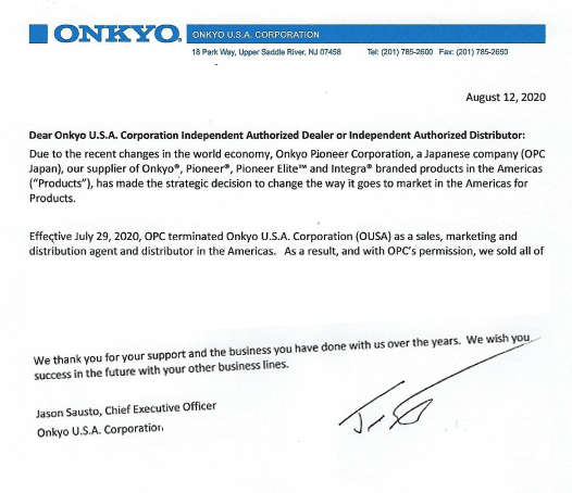Onkyo dealer termination letter excerpts