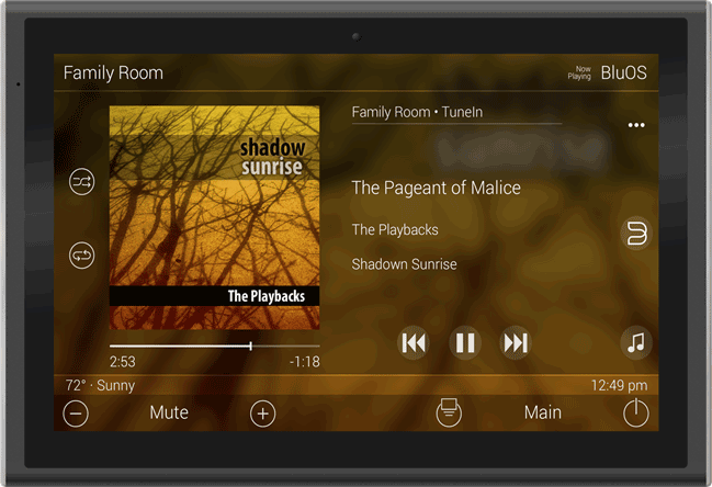 URC BluOS Music Player Two-Way module showing the 'Now Playin' screen