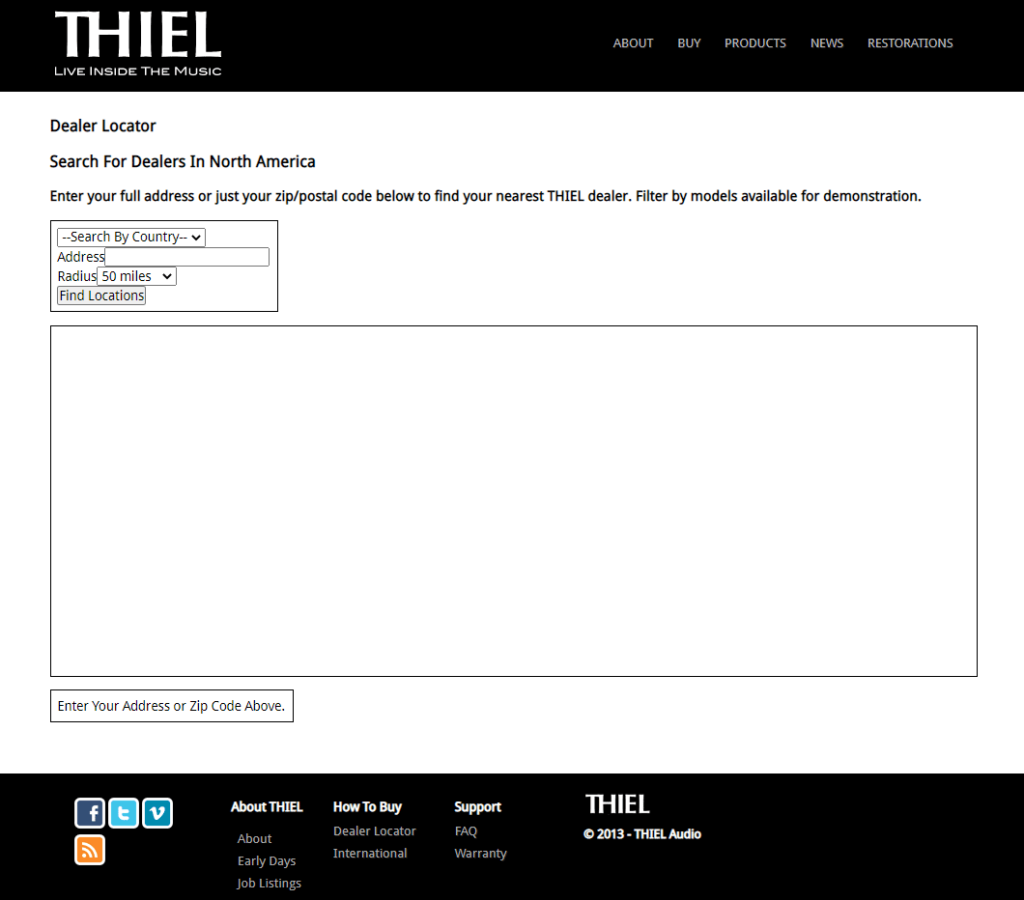 the dealer locator page on Thiel Audio website