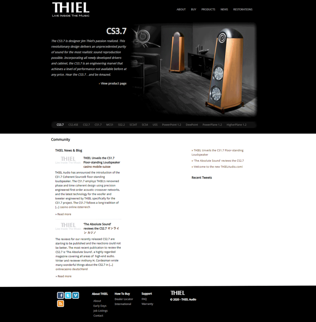 a photo of the Thiel Audio website which was recently relaunched