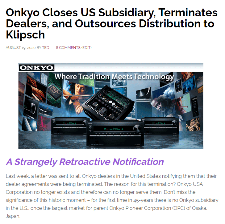 Photo of Strata-gee story on Onkyo closing Onkyo USA and outsourcing distribution