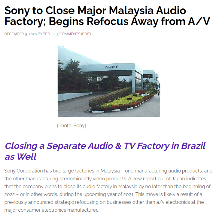 Screen shot of Strata-gee story about Sony shutting down their Malaysian A/V factory