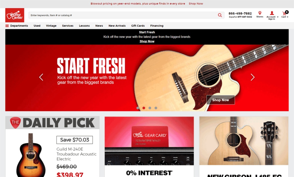 A screen shot of the Guitar Center website