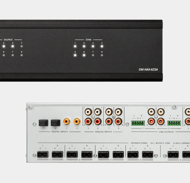 Front and back panel views of the new DM NAX audio-over-IP solution