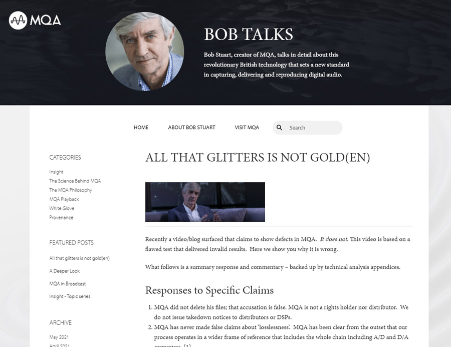 MQA founder Bob Stuart responded to the GoldenSound video in his "Bob Talks" blog 