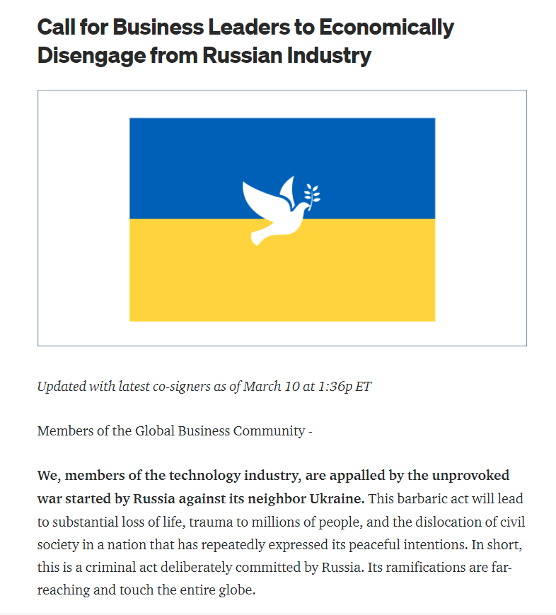 Post on Medium asking tech leaders to disengage from Russia