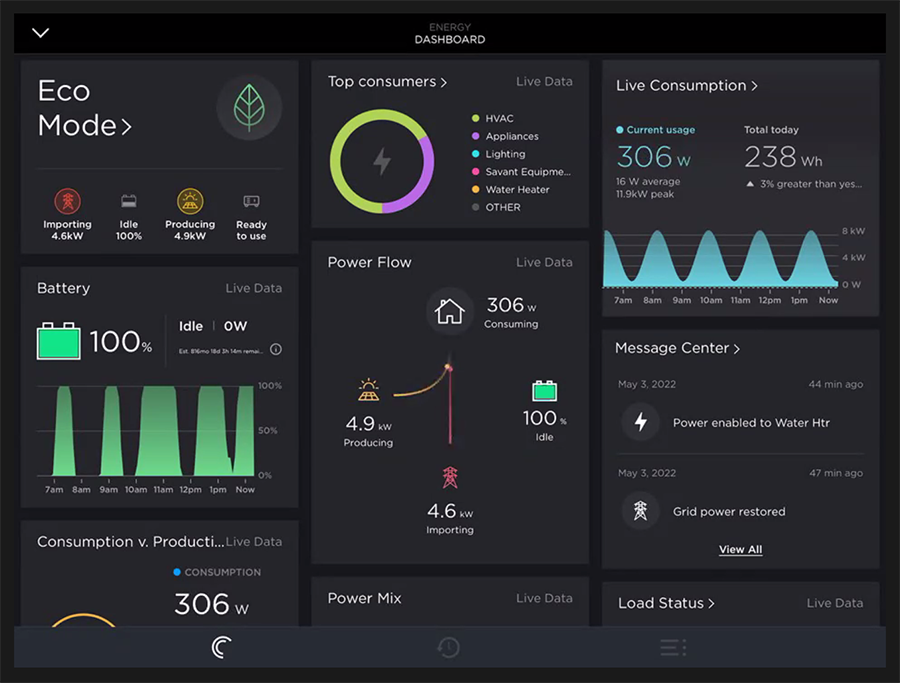 Savant app energy systems dashboard