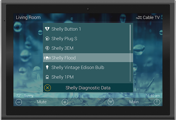 Shelly products listed on URC Total Control screen