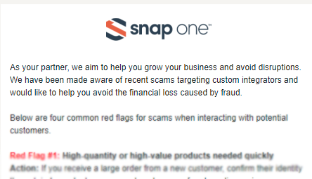 Snap One email offering advice to protect dealers from fraud