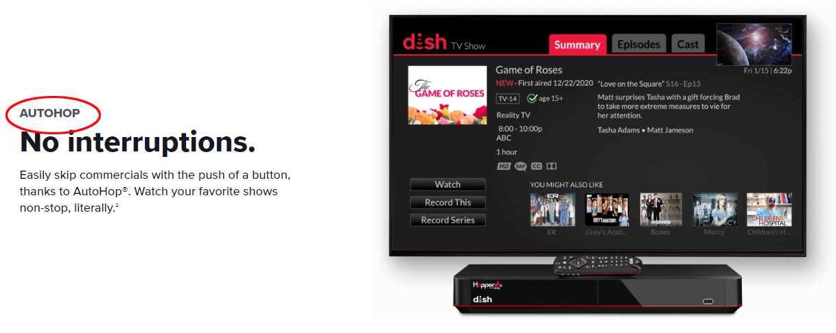 A Dish Network webpage pitching Autohop - a jury says this infringes on a ClearPlay patent