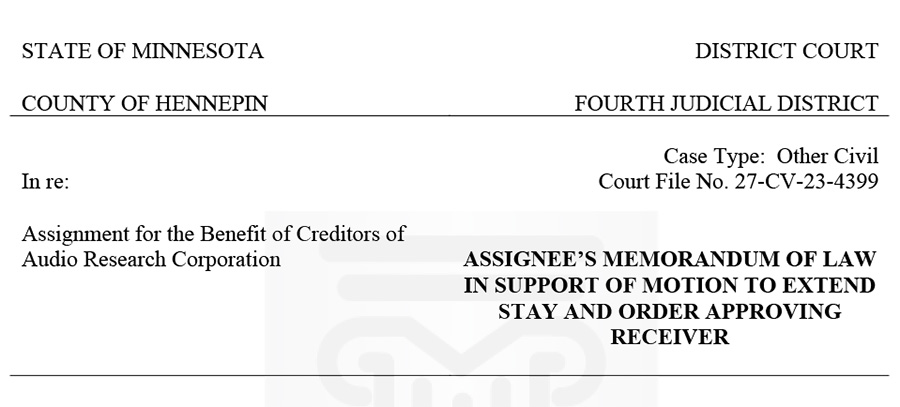 Audio Research image of motion to extend stay and approve receiver