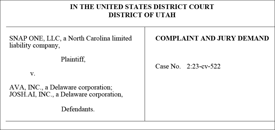 Heading of Snap One lawsuit against AVA and Josh.ai
