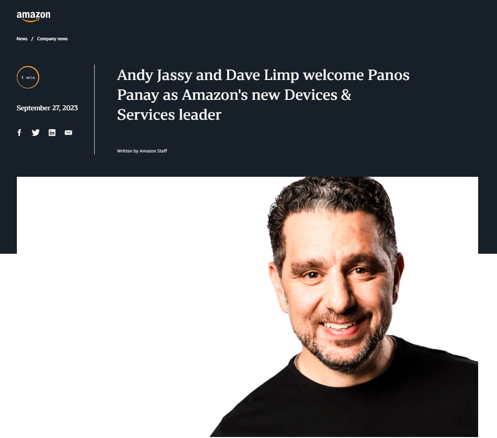 Amazon announcment of Panos Panay joining company