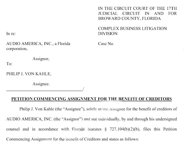 Title page of the Audio America and Next Level Distribution ABC filing