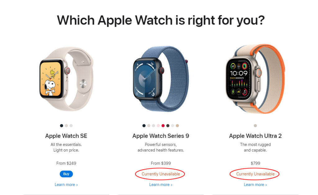 Apple Watch online store showing Series and Ultra 2 models 'unavailable'