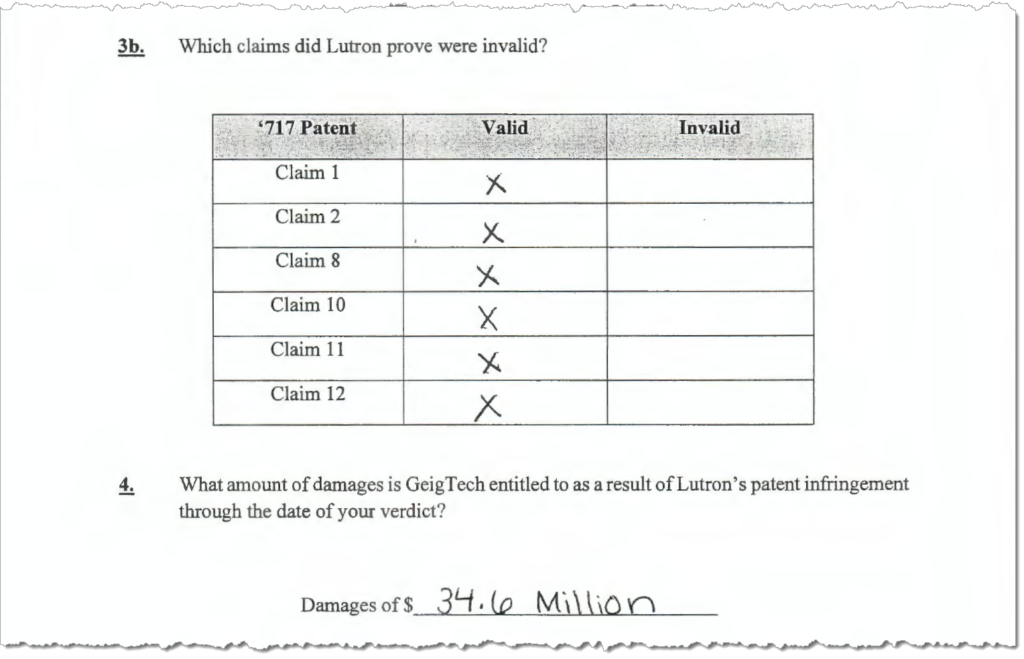 Verdict form in GeigTech v. Lutron Electronics Co