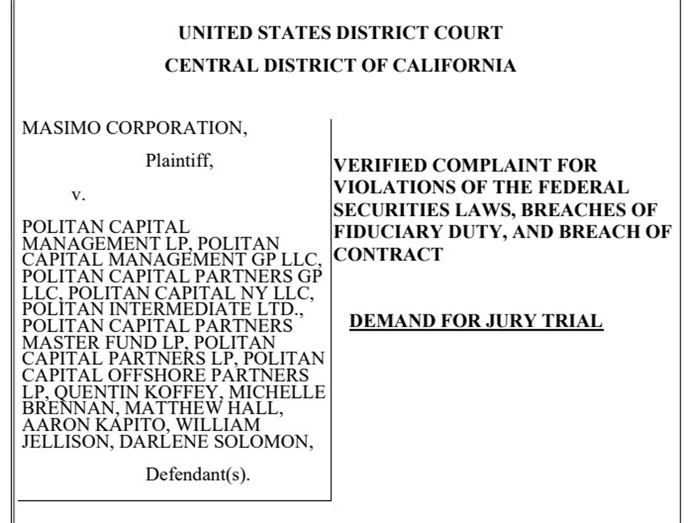 Image of Masimo v. Politan lawsuit title page
