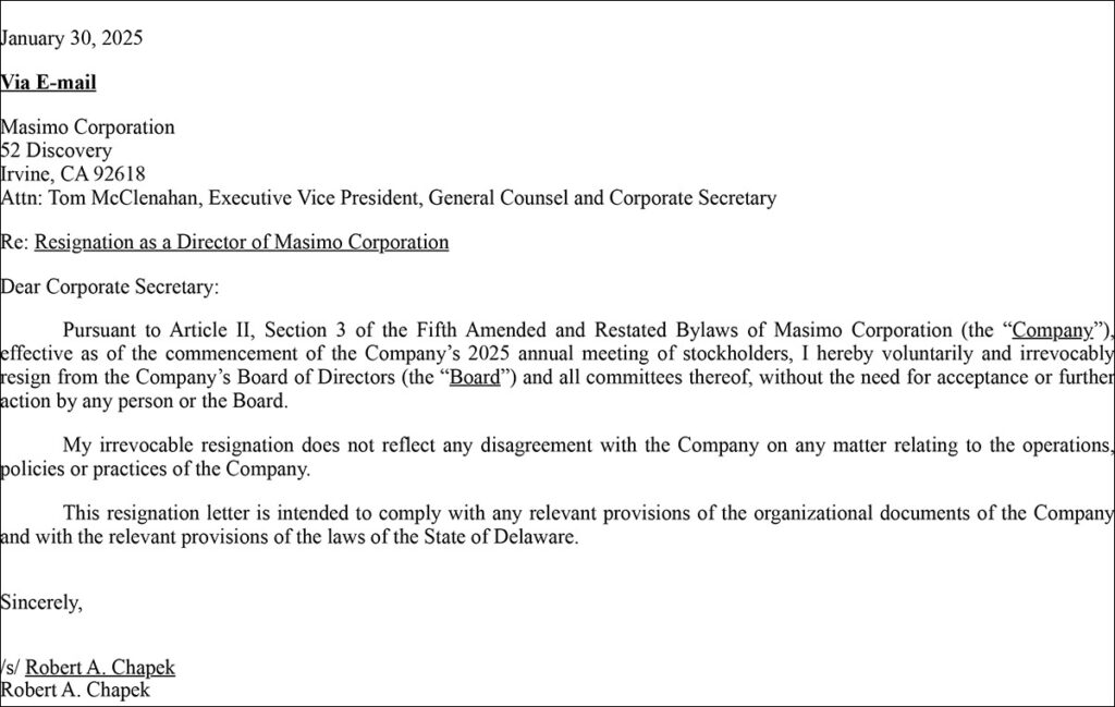 Robert Chapek's letter of resignation from Masimo Board