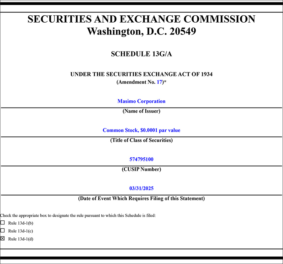 Schedule 13G/A title page of filing by Joe Kiani of his Masimo holdings
