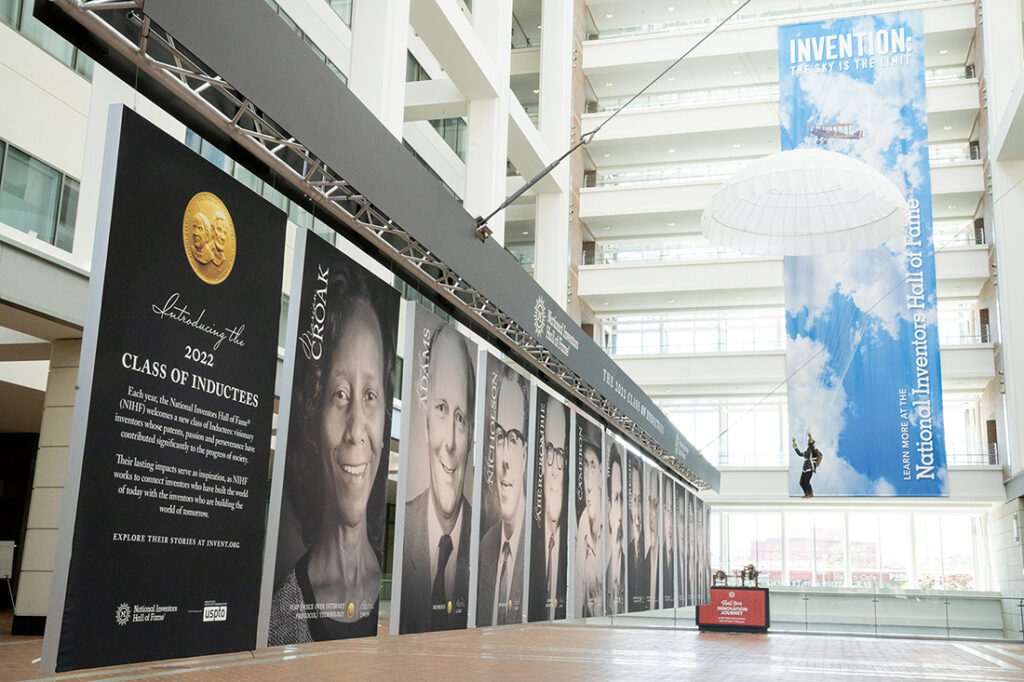 Display honoring 2022 inductees into the National Inventor Hall of Fame at the US Patent & Trademark building