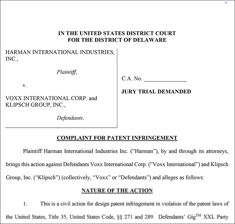Cover page of Harman v. Voxx and Klipsch