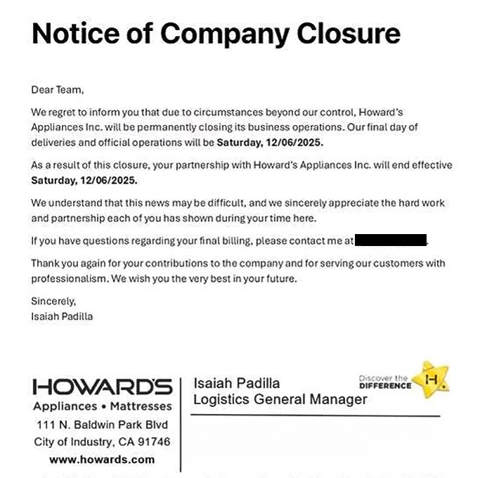 Notice of closure given to employees on Dec 4th