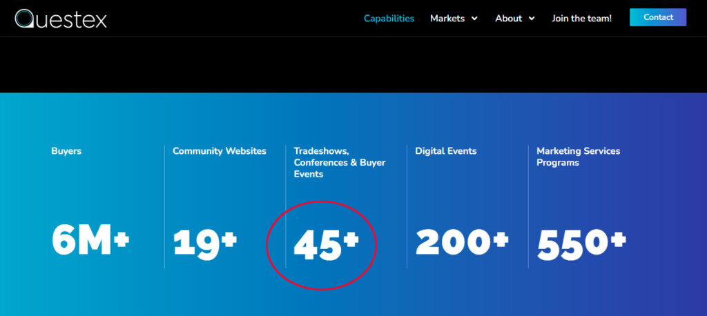 Questex web page noting it owns 45+ tradeshows
